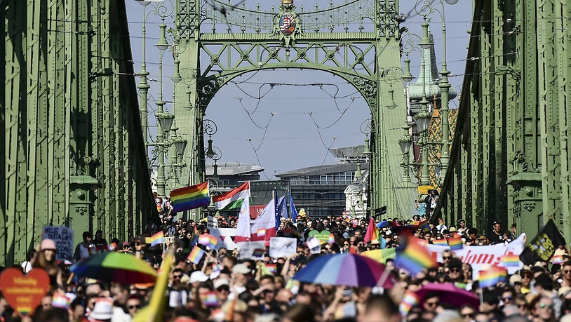 Menschen gehen bei der Gay Pride Parade über die Freiheitsbrücke in Budapest. Foto: Anna Szilagyi/AP/dpa