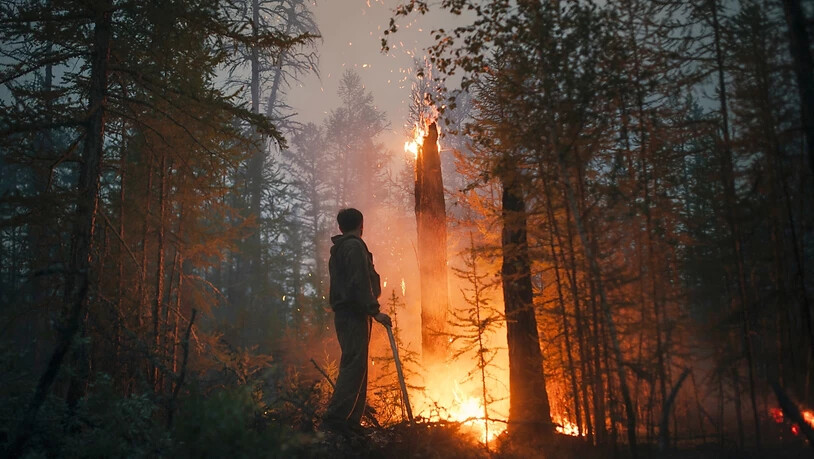 Ein Freiwilliger überwacht ein Gegenfeuer, das die Ausbreitung des Feuers soll. Waldbrände haben in Russland große Verwüstung angerichtet. Allein in der sibirischen Republik Jakutien spricht die Zivilschutzbehörde von Schäden in Höhe von mehr als einer…