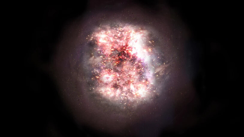 Eine künstlerische Darstellung einer in Staub gehüllter Galaxie: Mit Beobachtungsdaten des Alma-Obervatoriums konnten Astronomen zwei solcher bislang unsichtbaren Galaxien nachweisen. (Pressebild)