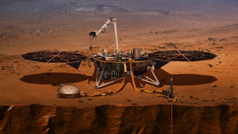 Der Mars-Lander Insight - im Bild eine künstlerische Darstellung - registriert derzeit erhöhte Bebenaktivität. InSight ist die Abkürzung für Interior Exploration using Seismic Investigations, Geodesy and Heat Transport (Nasa).