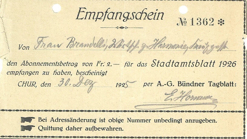 Abonnement-Quittung vom «Stadtamtsblatt» von Chur aus dem Jahr 1926.