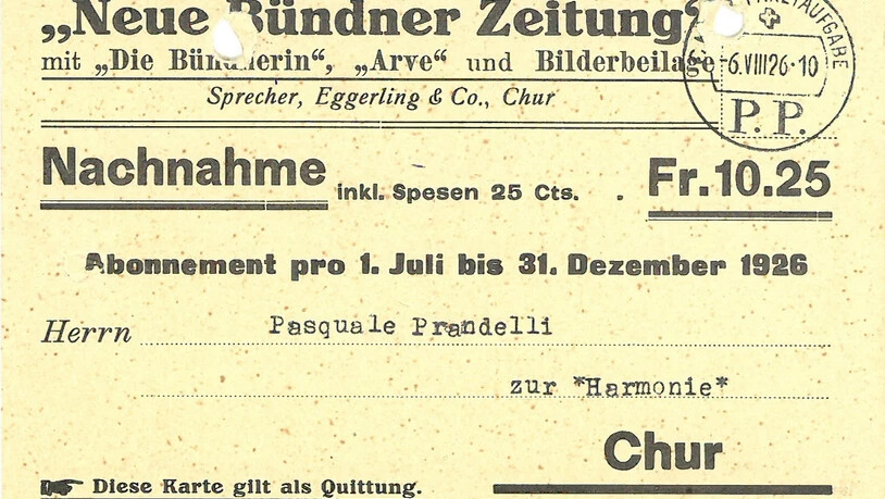 Abonnement-Quittung der «Neuen Bündner Zeitung» aus dem Jahr 1926.