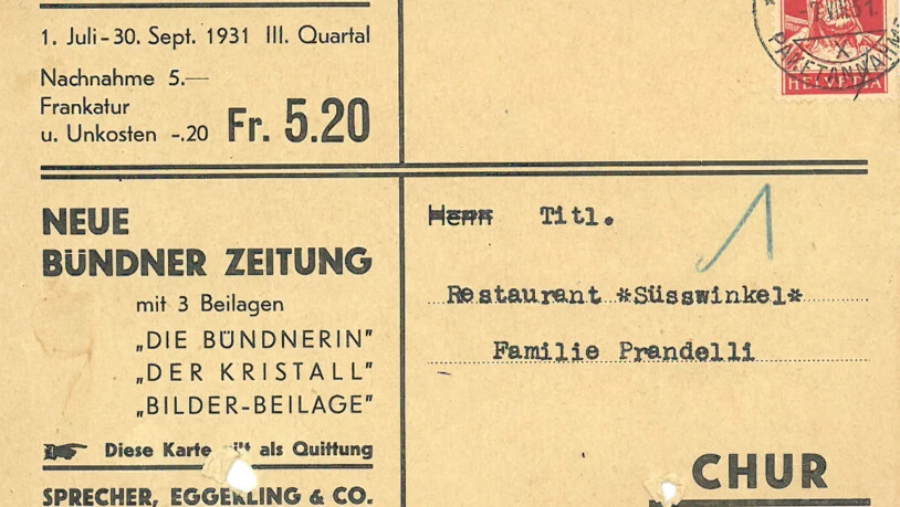 Abonnement-Quittung der «Neuen Bündner Zeitung» aus dem Jahr 1931.