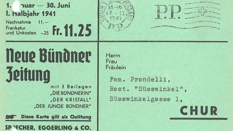 Abonnement-Quittung der «Neuen Bündner Zeitung» aus dem Jahr 1941.